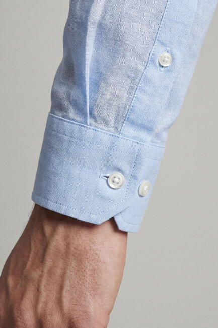 Regular Fit Uzun Kol Keten Paşa Yaka Mavi Erkek Gömlek - 4