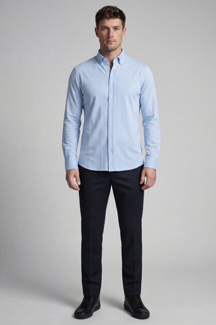 Regular Fit Uzun Kol Keten Paşa Yaka Mavi Erkek Gömlek - 2
