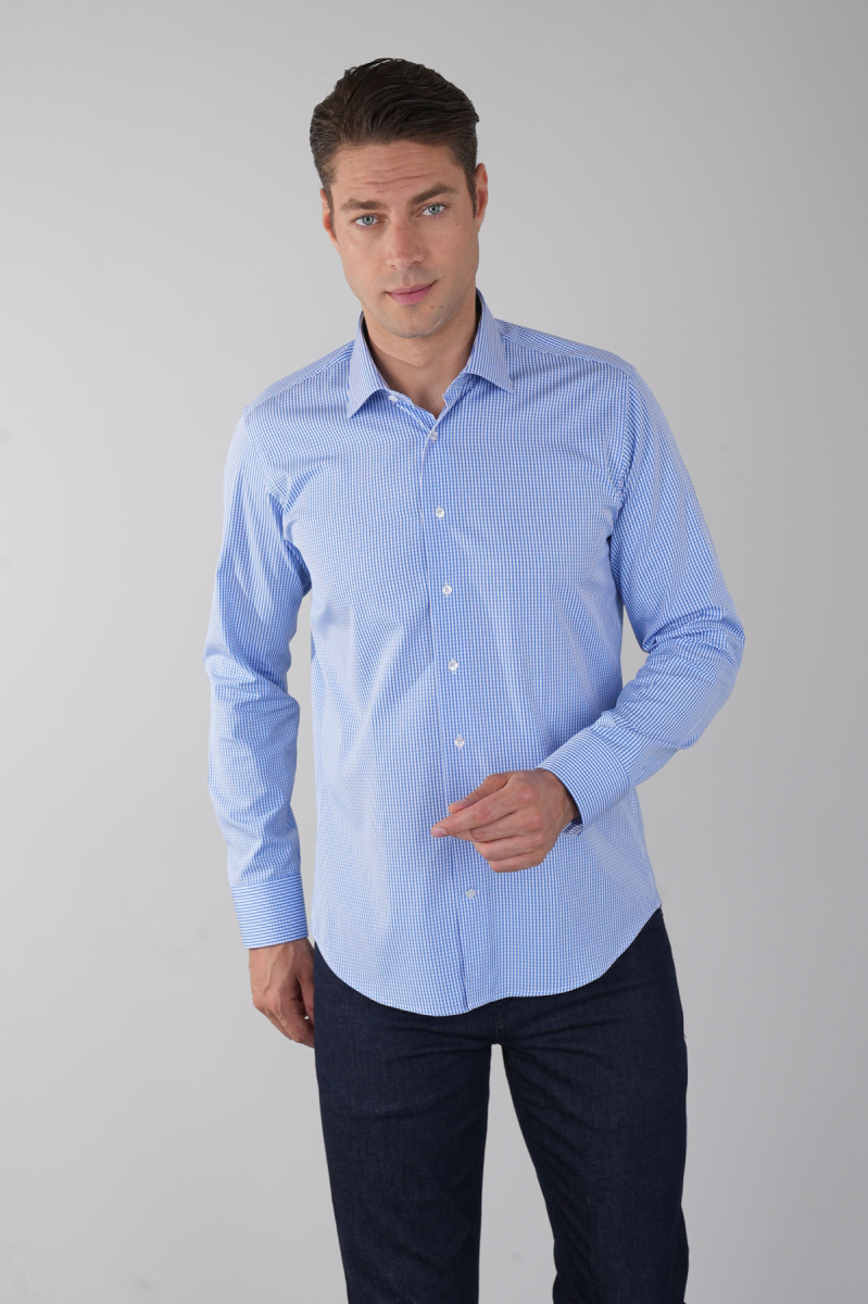 Uzun Kol Klasik A Yaka Cepsiz Mavi Pamuk Erkek Gömlek - 1