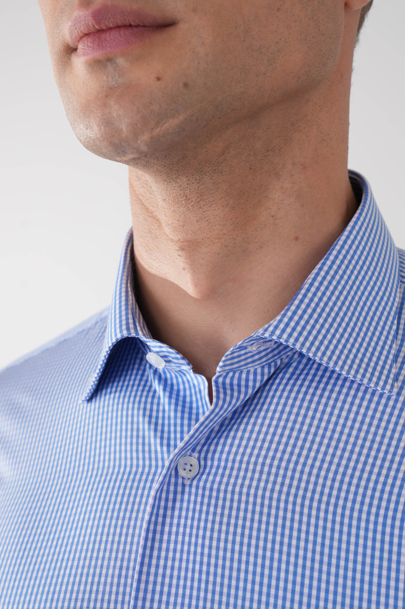 Uzun Kol Klasik A Yaka Cepsiz Mavi Pamuk Erkek Gömlek - 3