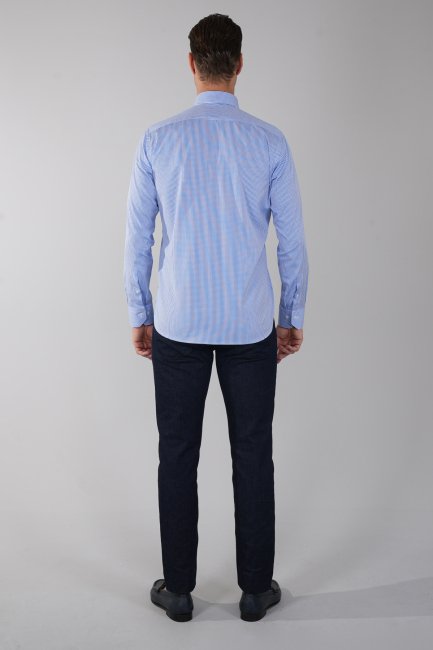 Uzun Kol Klasik A Yaka Cepsiz Mavi Pamuk Erkek Gömlek - 2