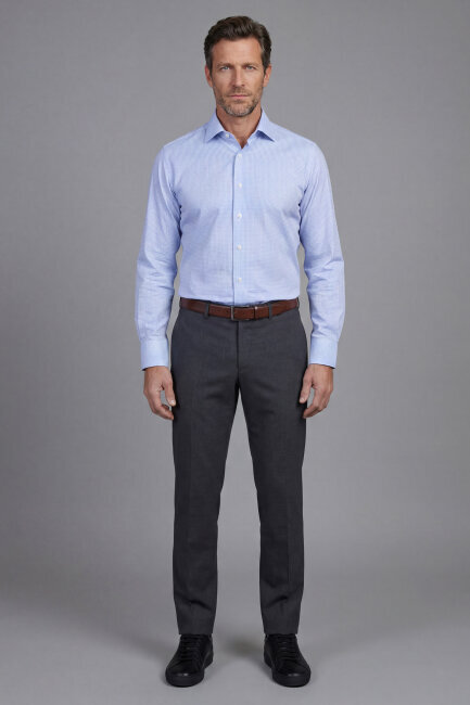 Mavi Uzun Kol Klasik Yaka Cepsiz Erkek Gömlek   - 2