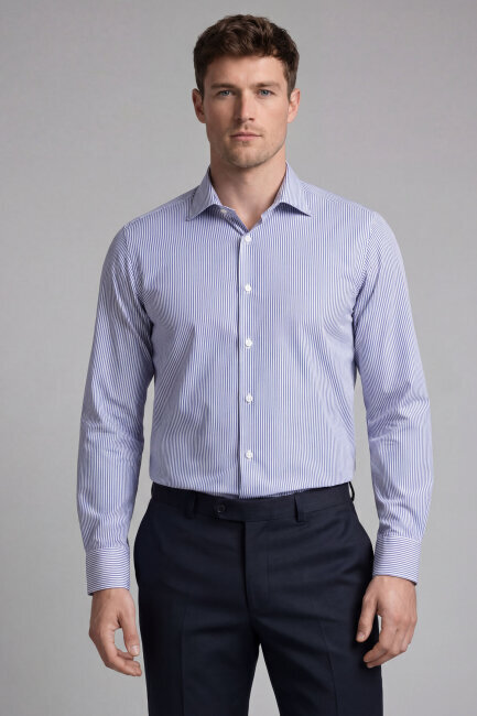 Regular Fit Uzun Kol D Yaka Cepsiz Pamuk Mavi Erkek Gömlek - 1