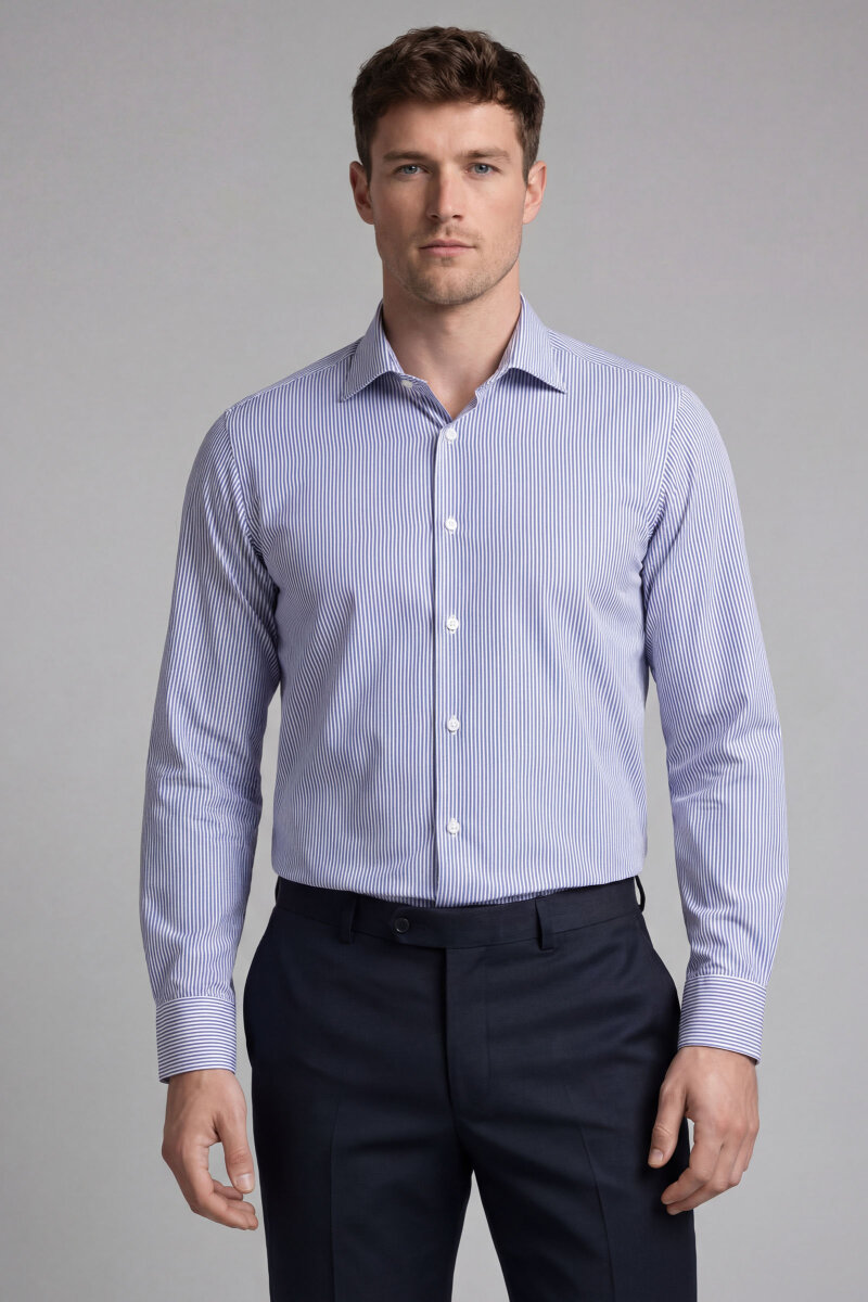 Regular Fit Uzun Kol D Yaka Cepsiz Pamuk Mavi Erkek Gömlek - 1