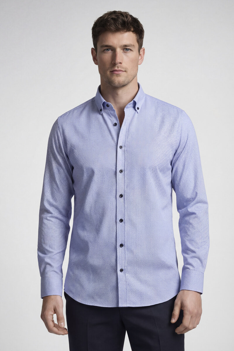 Regular Fit Uzun Kol İtalyan Yaka Cepsiz Pamuk Mavi Erkek Gömlek - 1