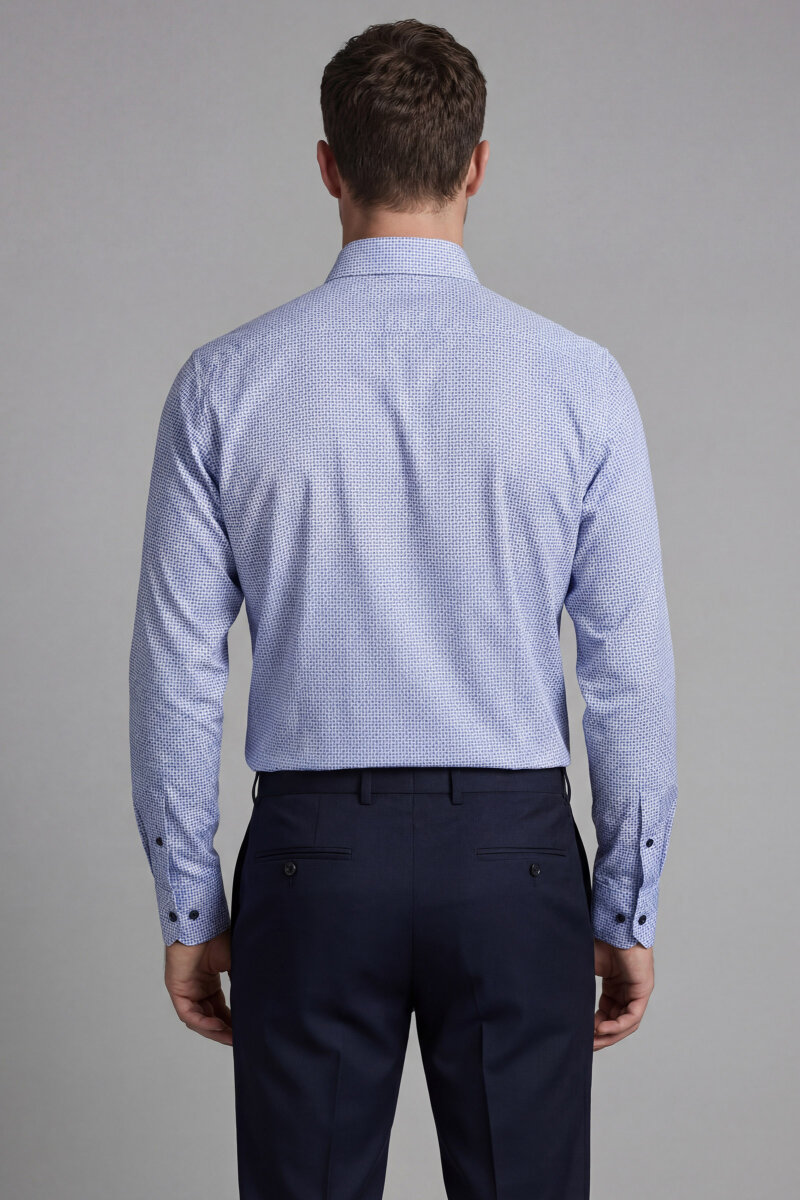 Regular Fit Uzun Kol İtalyan Yaka Cepsiz Pamuk Mavi Erkek Gömlek - 2