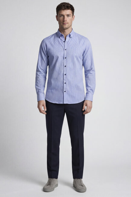 Regular Fit Uzun Kol İtalyan Yaka Cepsiz Pamuk Mavi Erkek Gömlek - 5