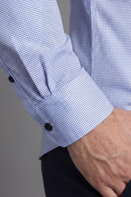 Regular Fit Uzun Kol İtalyan Yaka Cepsiz Pamuk Mavi Erkek Gömlek - 4