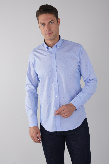 Uzun Kol Klasik İtalyan Yaka Cepsiz Mavi Pamuk Erkek Gömlek - 1