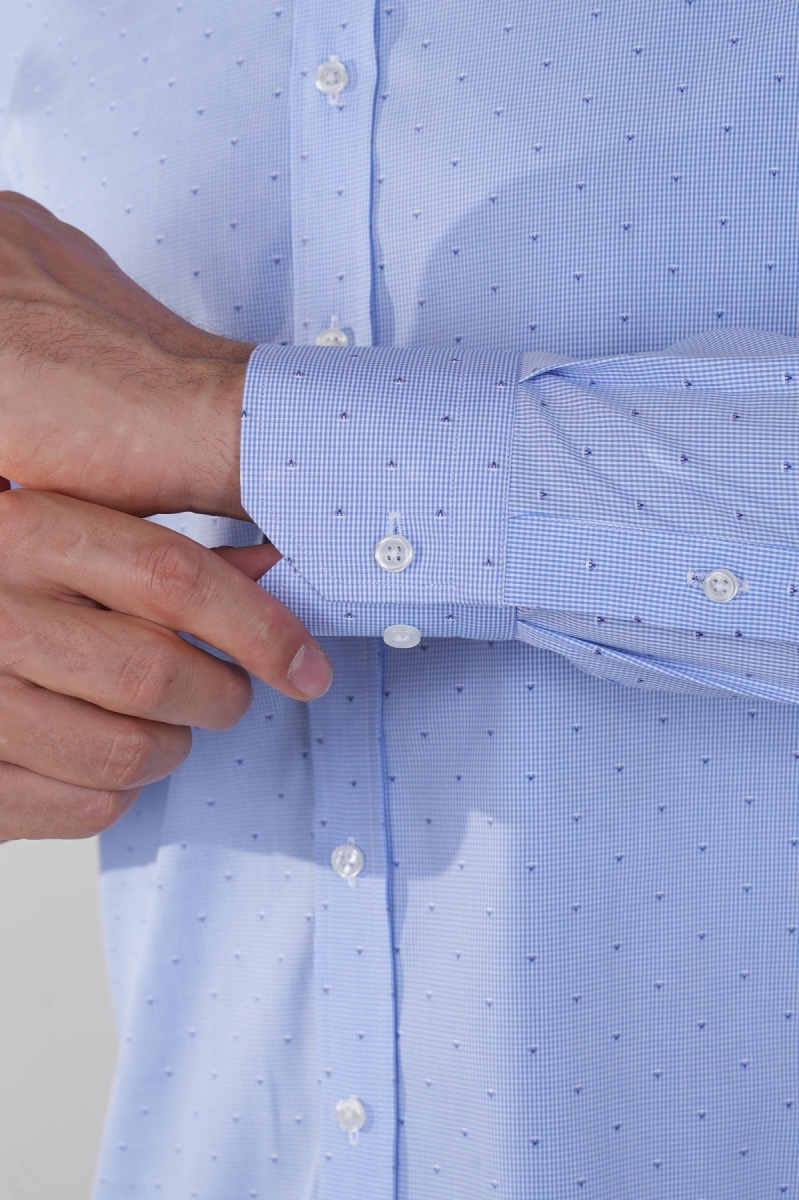 Uzun Kol Klasik İtalyan Yaka Cepsiz Mavi Pamuk Erkek Gömlek - 4