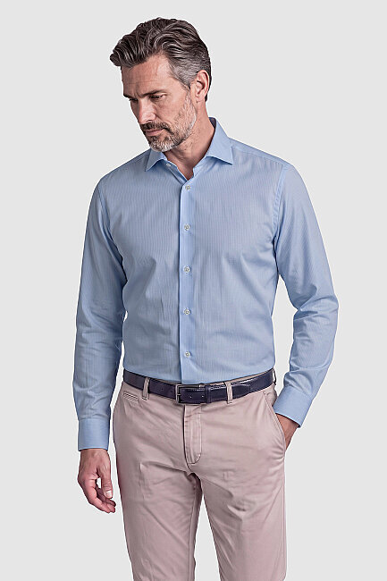 Açık Mavi Non Iron İnce Çizgili Regular Fit Uzun Kollu Erkek Gömlek