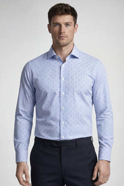Erkek Regular Fit Uzun Kol Cepsiz Pamuk Mavi Gömlek