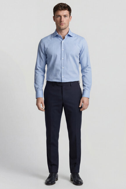 Regular Fit Uzun Kol Cepsiz Pamuk Mavi Erkek Gömlek - 5