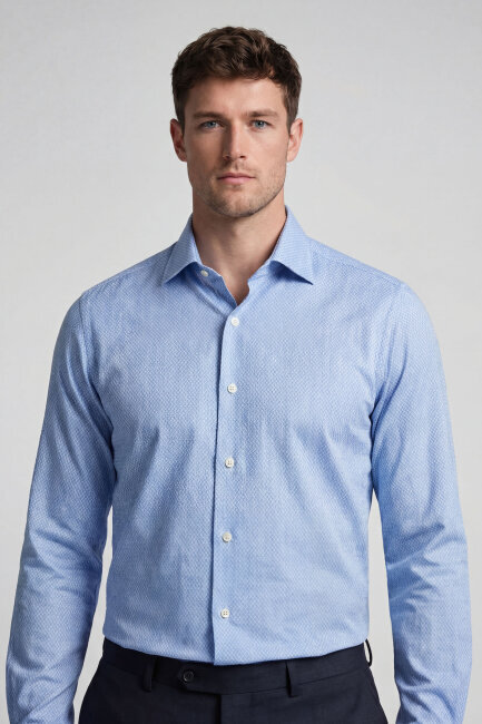 Regular Fit Uzun Kol Cepsiz Pamuk Mavi Erkek Gömlek - 1