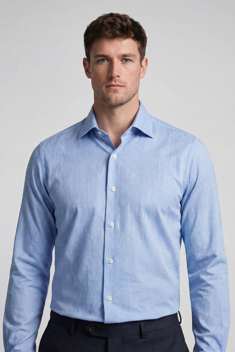 Regular Fit Uzun Kol Cepsiz Pamuk Mavi Erkek Gömlek - 1