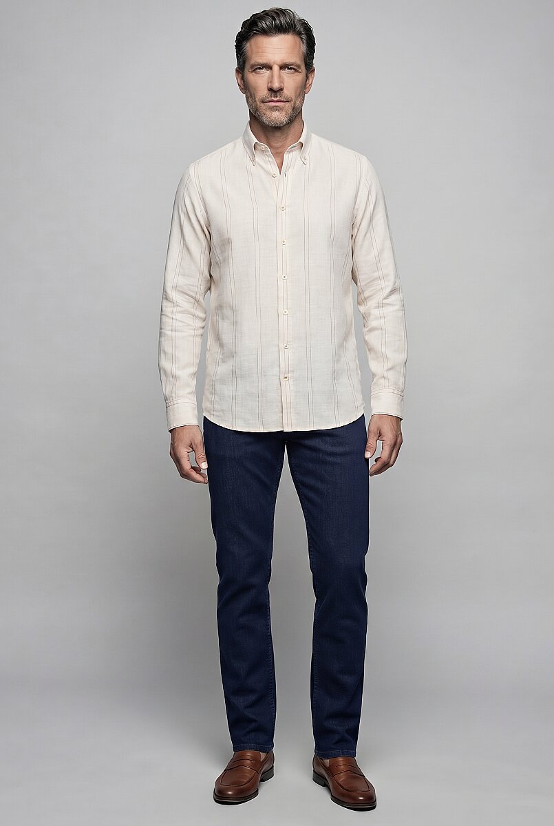 Kahve Regular Fit Keten Uzun Gömlek - 1