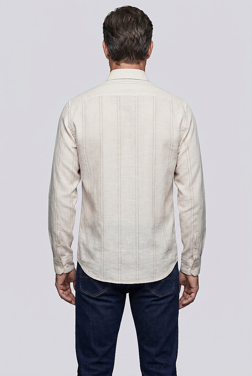 Kahve Regular Fit Keten Uzun Gömlek - 2
