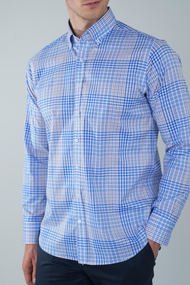 Regular Fit Uzun Kollu Mavi Pamuk Erkek Gömlek - 5