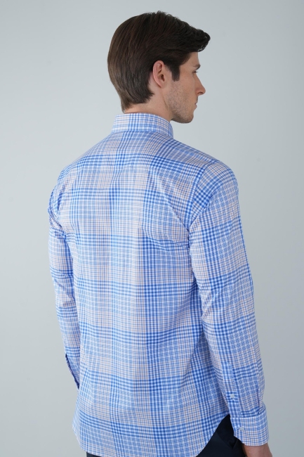Regular Fit Uzun Kollu Mavi Pamuk Erkek Gömlek - 2