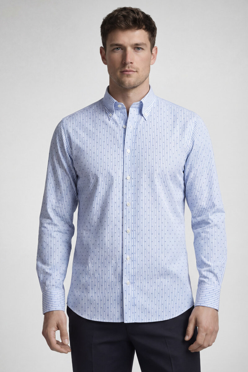 Regular Fit Erkek Uzun Kol Cepsiz Pamuk Mavi Gömlek - 1