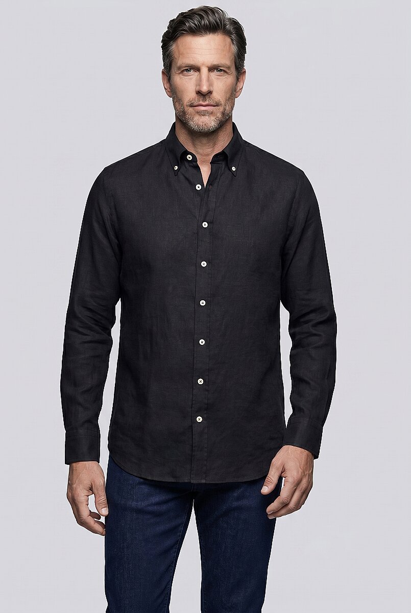 Siyah Regular Fit Cepsiz Uzun Yaka Gömlek - 1