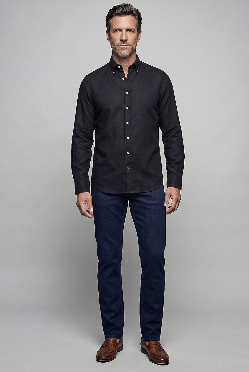 Siyah Regular Fit Cepsiz Uzun Yaka Gömlek - 5