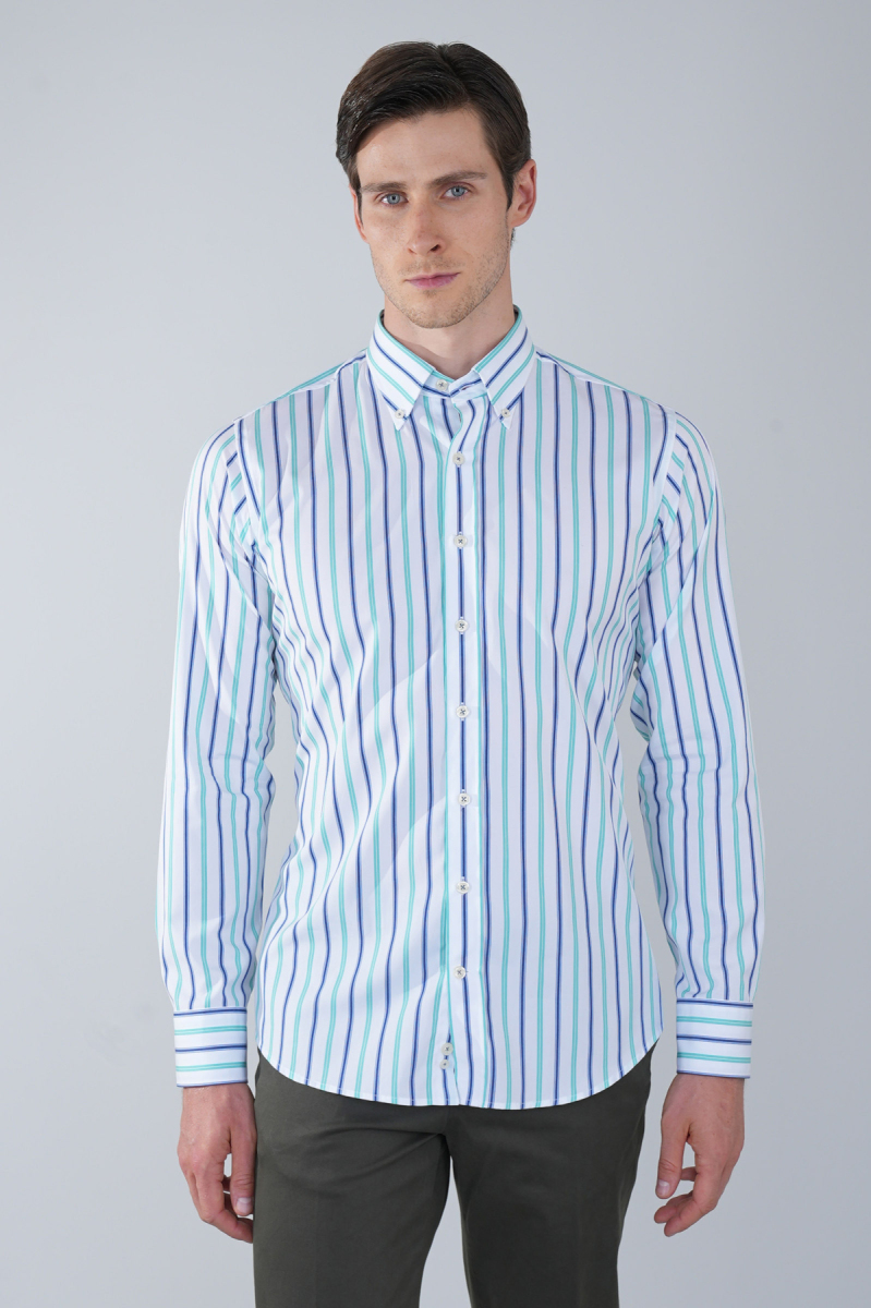 Uzun Kol Cepsiz Yeşil Pamuk Erkek Gömlek - 1