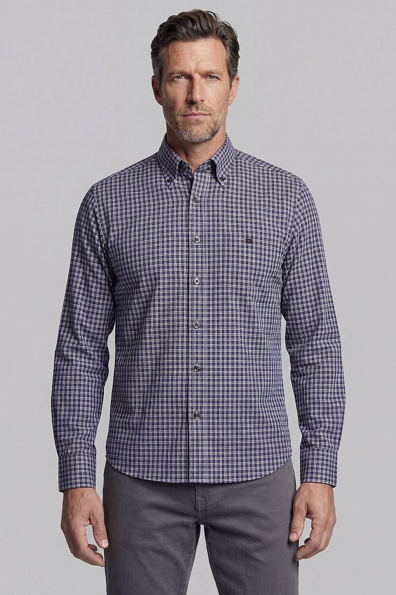 Uzun Kol Düğmeli Yaka Cepsiz Erkek Gömlek Lacivert