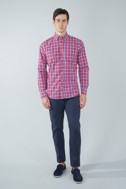 Uzun Kol Paşa Yaka Cepsiz Kırmızı Pamuk Erkek Gömlek - 5