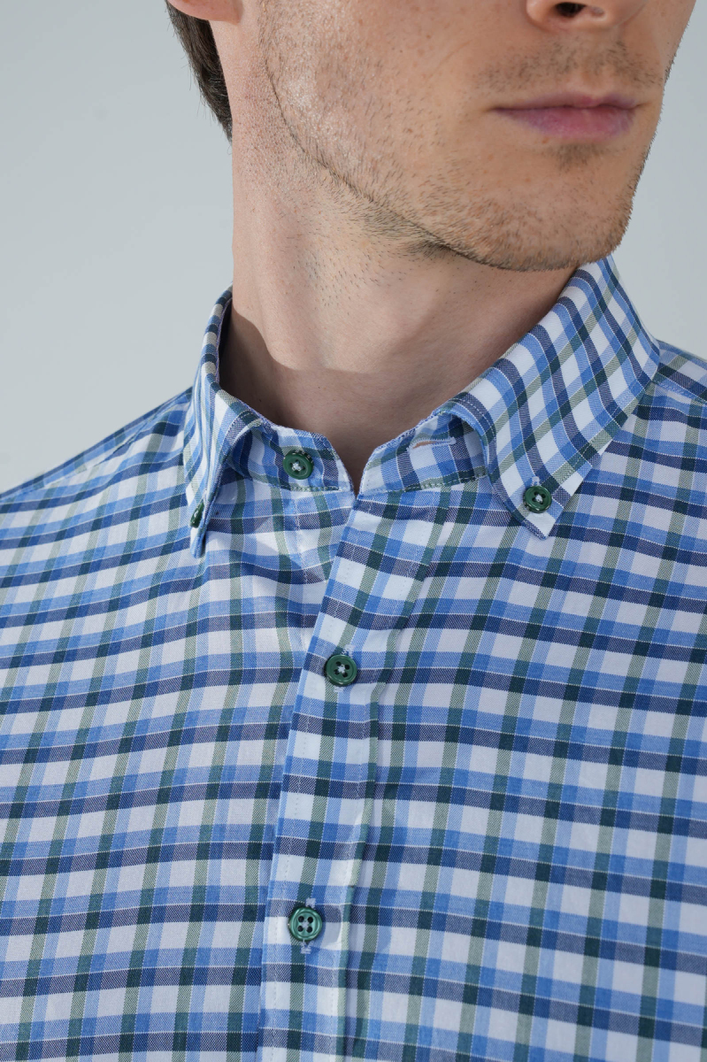 Uzun Kol Paşa Yaka Cepsiz Mavi Pamuk Erkek Gömlek - 3