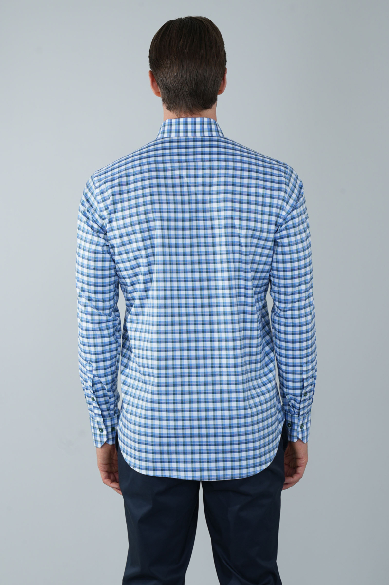 Uzun Kol Paşa Yaka Cepsiz Mavi Pamuk Erkek Gömlek - 2