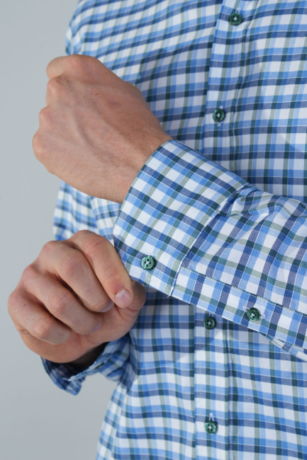 Uzun Kol Paşa Yaka Cepsiz Mavi Pamuk Erkek Gömlek - 4