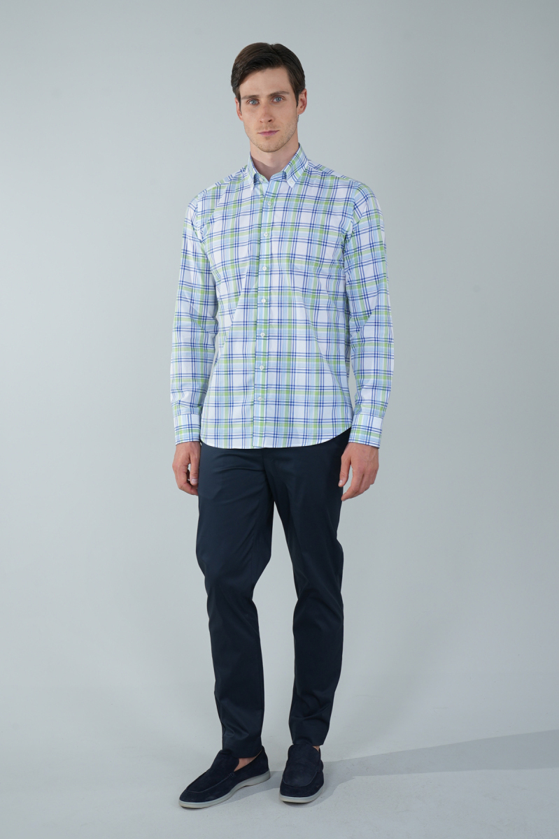 Uzun Kol Paşa Yaka Cepsiz Mavi Pamuk Erkek Gömlek - 5