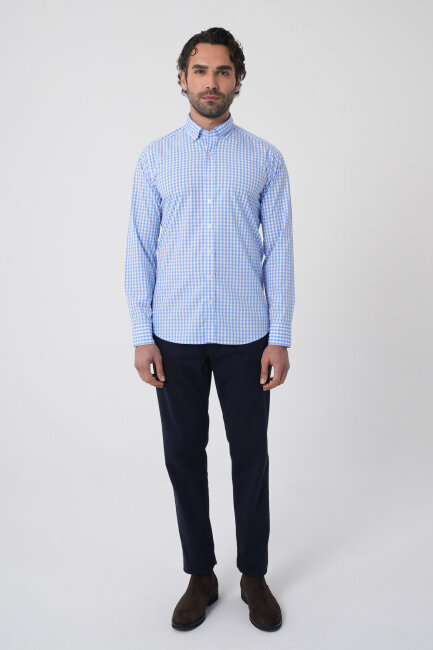 Erkek Regular Fit Uzun Kol Paşa Yaka Erkek Regular Pamuk Mavi Gömlek - 3