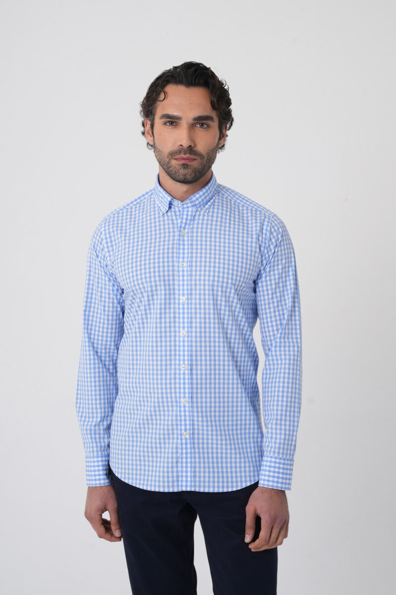 Erkek Regular Fit Uzun Kol Paşa Yaka Erkek Regular Pamuk Mavi Gömlek - 1