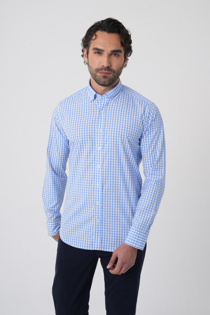Erkek Regular Fit Uzun Kol Paşa Yaka Erkek Regular Pamuk Mavi Gömlek - 2