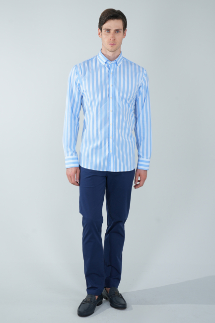 Uzun Kol Paşa Yaka Cepsiz Mavi Pamuk Erkek Gömlek - 1