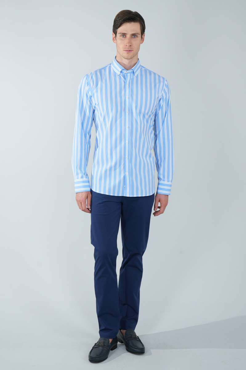 Uzun Kol Paşa Yaka Cepsiz Mavi Pamuk Erkek Gömlek - 1