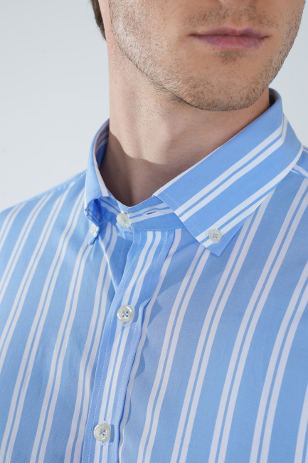 Uzun Kol Paşa Yaka Cepsiz Mavi Pamuk Erkek Gömlek - 3