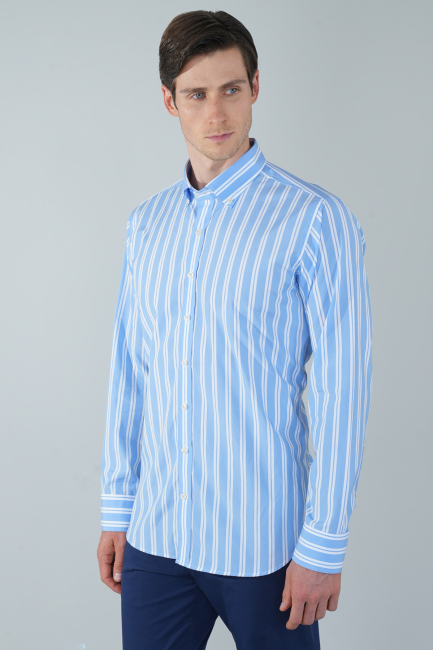 Uzun Kol Paşa Yaka Cepsiz Mavi Pamuk Erkek Gömlek - 5