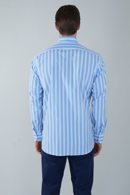 Uzun Kol Paşa Yaka Cepsiz Mavi Pamuk Erkek Gömlek - 2