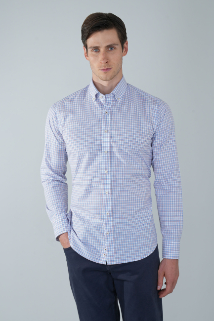 Uzun Kol Paşa Yaka Cepsiz Mavi Pamuk Erkek Gömlek - 1