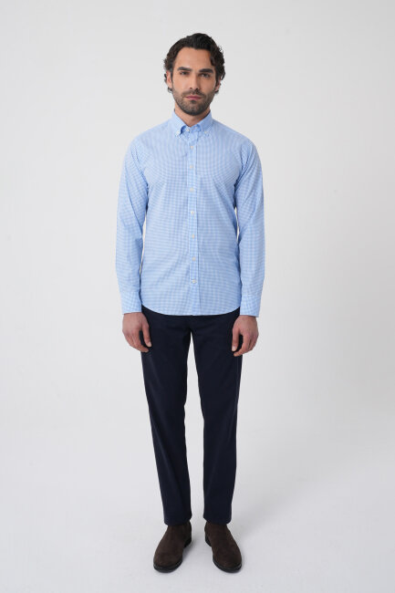 Erkek Regular Fit Uzun Kol Paşa Yaka Pamuk Mavi Gömlek - 3
