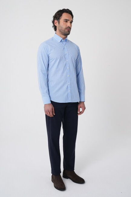 Erkek Regular Fit Uzun Kol Paşa Yaka Pamuk Mavi Gömlek - 4