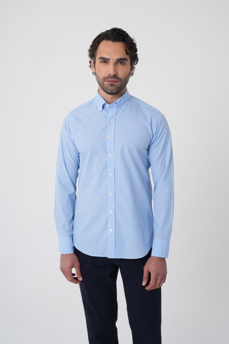 Erkek Regular Fit Uzun Kol Paşa Yaka Pamuk Mavi Gömlek - 1