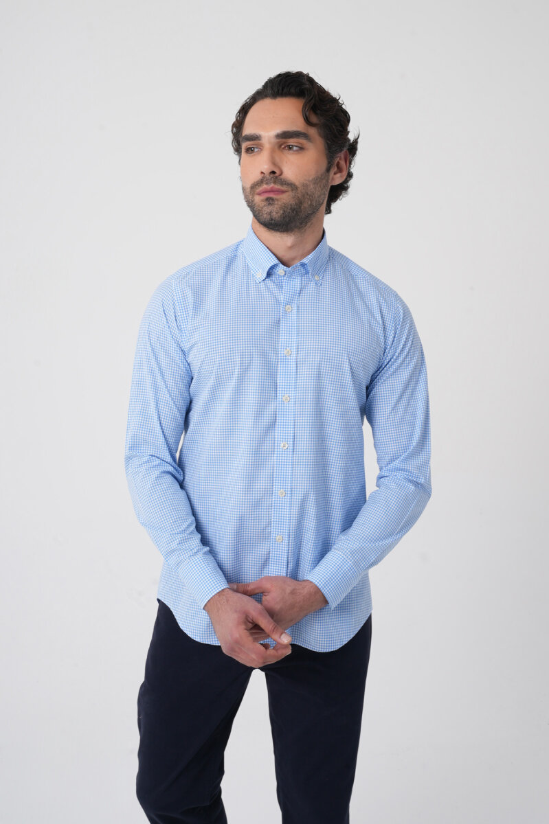 Erkek Regular Fit Uzun Kol Paşa Yaka Pamuk Mavi Gömlek - 2