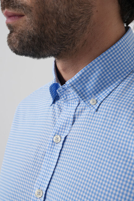 Erkek Regular Fit Uzun Kol Paşa Yaka Pamuk Mavi Gömlek - 6