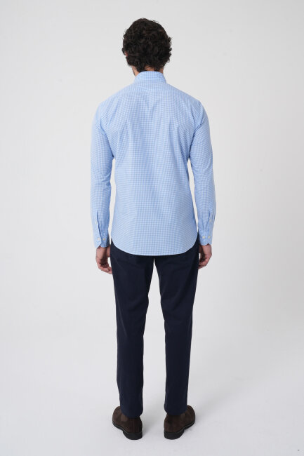 Erkek Regular Fit Uzun Kol Paşa Yaka Pamuk Mavi Gömlek - 5