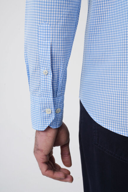 Erkek Regular Fit Uzun Kol Paşa Yaka Pamuk Mavi Gömlek - 7