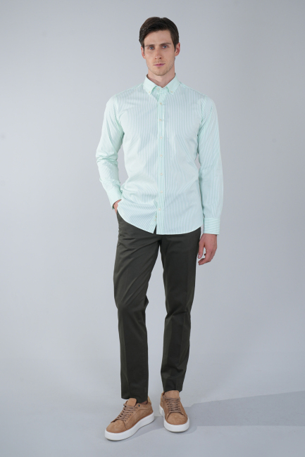 Uzun Kol Paşa Yaka Cepsiz Yeşil Pamuk Erkek Gömlek - 5